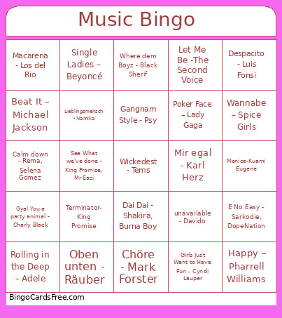 Music Staff Trip Bingo Card