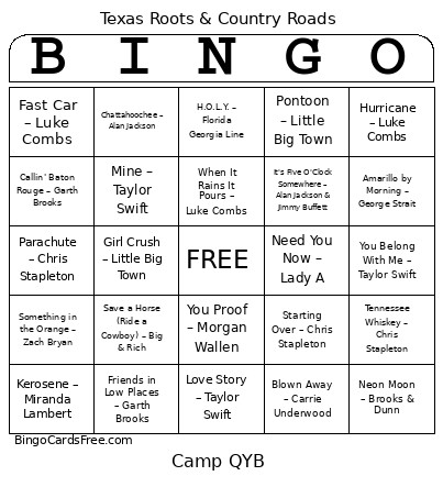 Music - Texas Roots & Country Roads Bingo Card