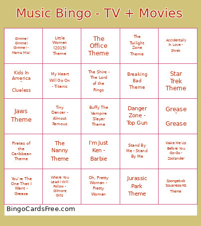 Music - TV + Movies Bingo Card