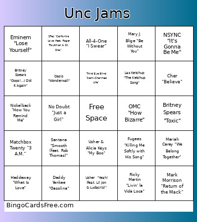 Music - Unc Jams Bingo Card