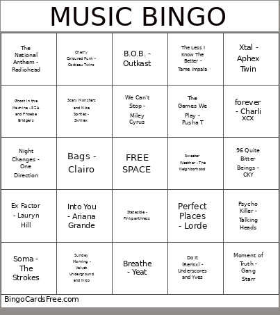 Music Discussion Bingo Card