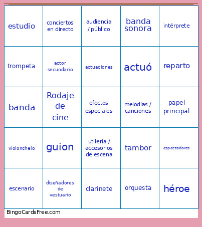 Music/Film Vocabulary (Spanish Version) Bingo Card