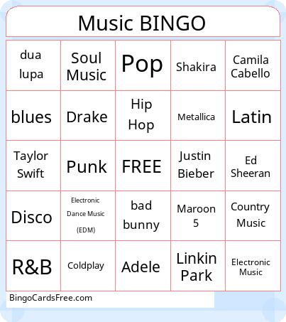 Music Genre & Artist Bingo Cards Free Pdf Printable Game, Title: Music BINGO