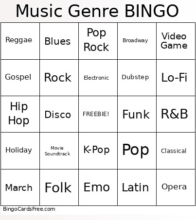 Music Genre Bingo Card