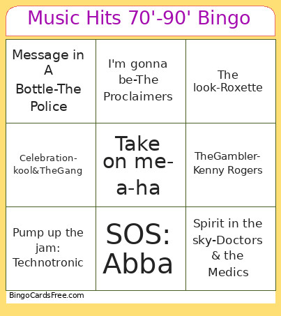 Music Hits 70'-90' Bingo Card