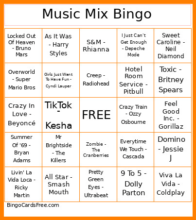 Music Mix Bingo Card