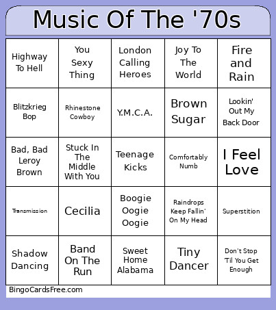 Music Of The '70s Bingo Card