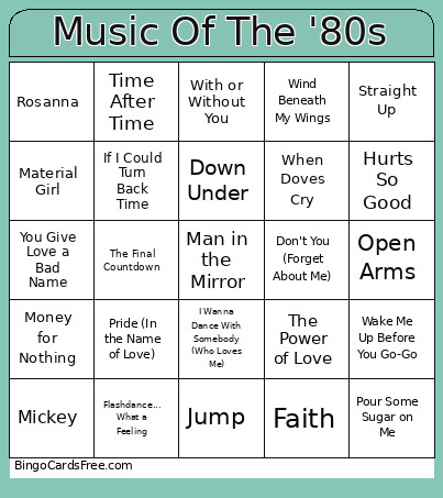Music Ot The '80s Bingo Card