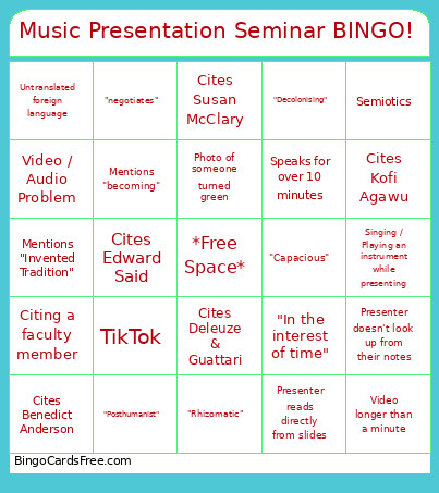 Music Presentation Seminar ! Bingo Card