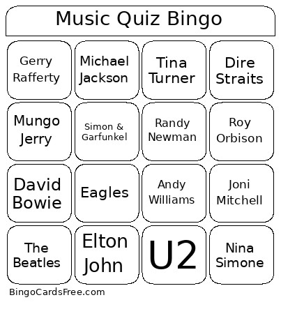 Music Quiz Bingo Card