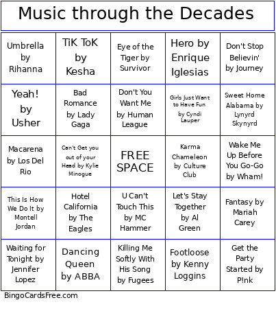 Music Through The Decades Bingo Card