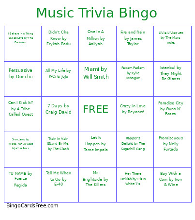 Music Trivia Bingo Card