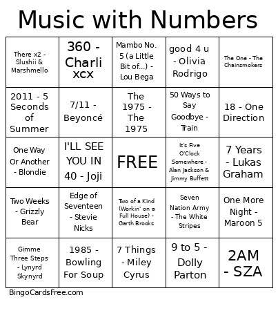 Music With Numbers Bingo Card