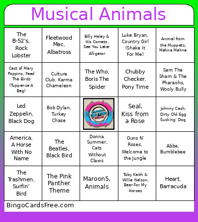 Musical Animals Bingo Card