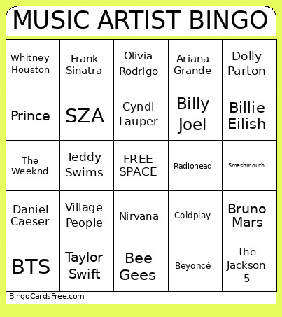 Musical Artist Bingo Card