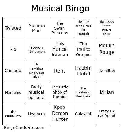 Musical Bingo Card