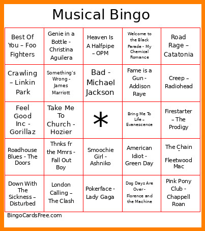 Musical Bingo Card