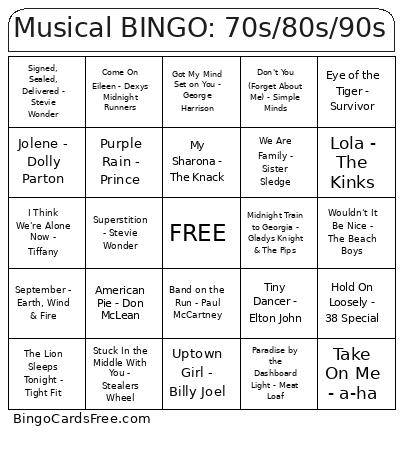 Musical : 70s/80s/90s Bingo Card