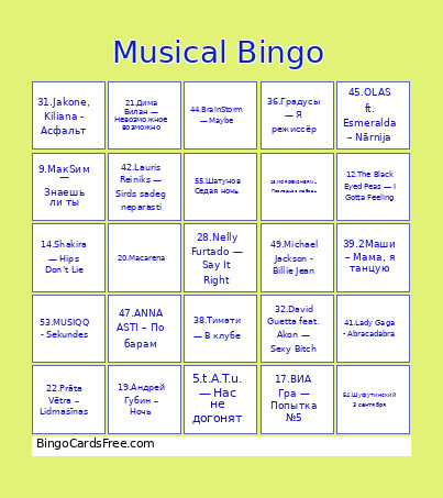 Musical Bingo Card