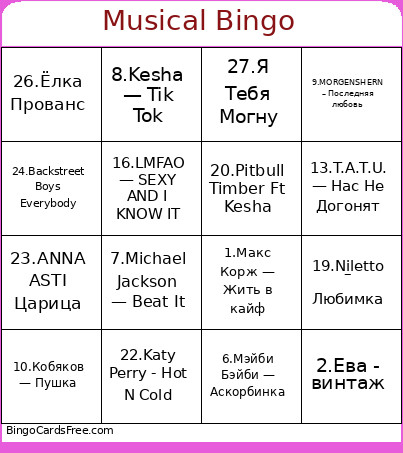 Musical Bingo Card 2