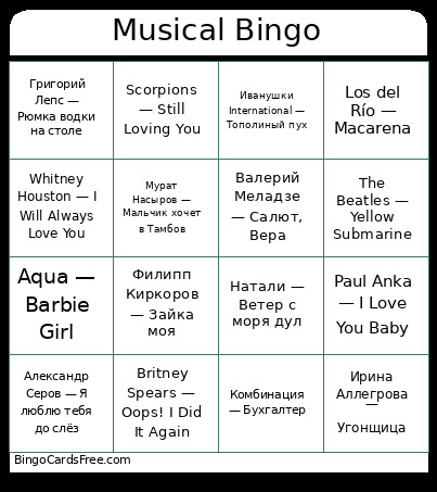 Musical Bingo Card