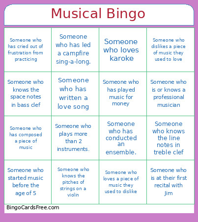 Musical Bingo Card