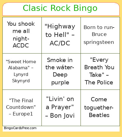 Musical Clasic Rock Bingo Card