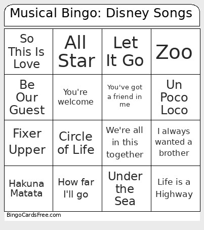 Musical : Disney Songs Bingo Card