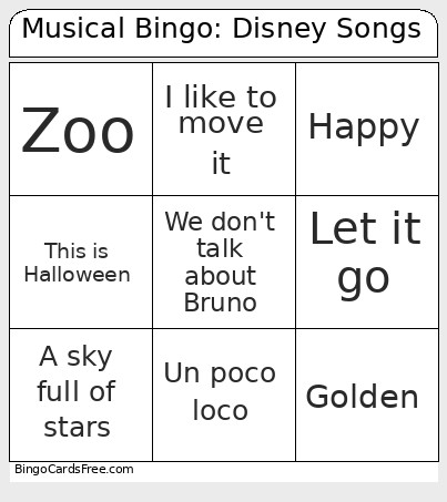 Musical : Disney Songs Bingo Card