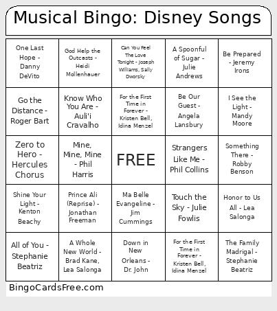 Musical : Disney Songs Bingo Card