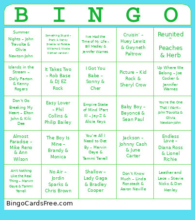 Musical Duets Bingo Card