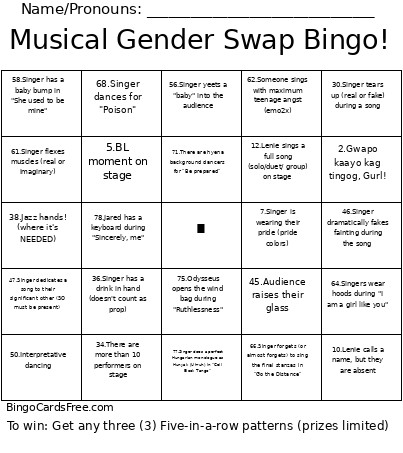 Musical Gender Swap ! Bingo Card