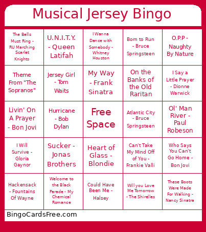 Musical Jersey Bingo Card