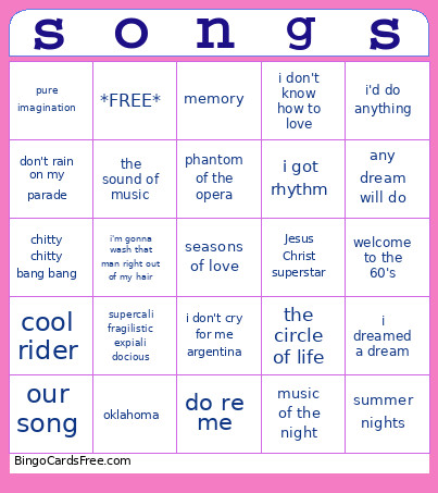 Musical Songs Bingo Card