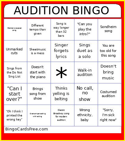 Musical Theatre Audition Bingo Card