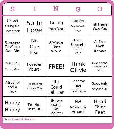 Musical Theatre Love Song Singo! Bingo