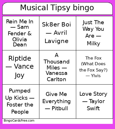 Musical Tipsy Bingo Card