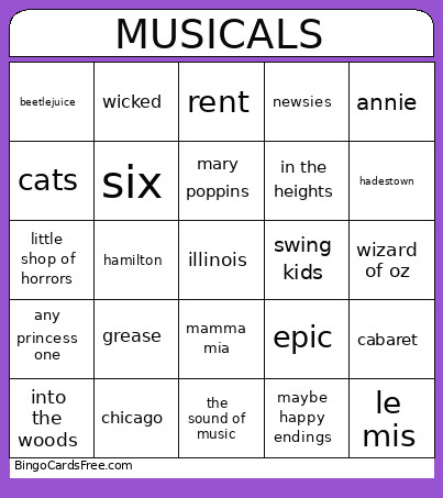 Musicals Bingo Card