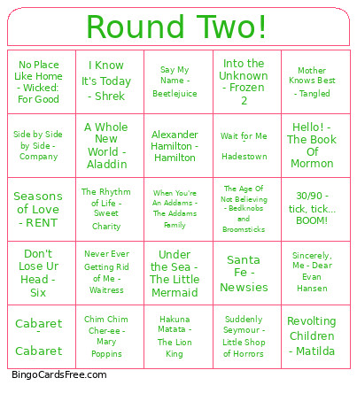 Musicals Round Two Bingo Card