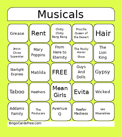 Musicals Kc Pop Trivia MUSIC Bingo Card