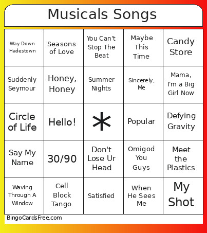 Musicals Songs Bingo Card