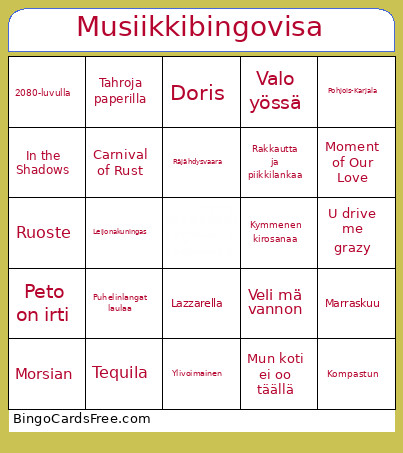 Musiikkivisa Bingo Card