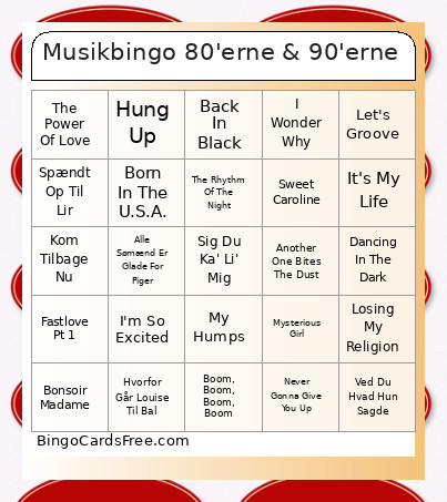 Musik 80'erne & 90'erne Bingo Card