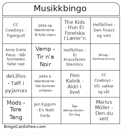 Musikk Bingo Card