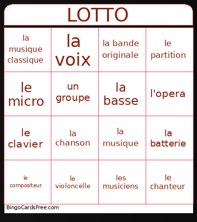 Musique Bingo Card