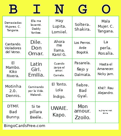 Musiquitz Bingo Card