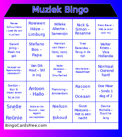 Muziek Bingo Card