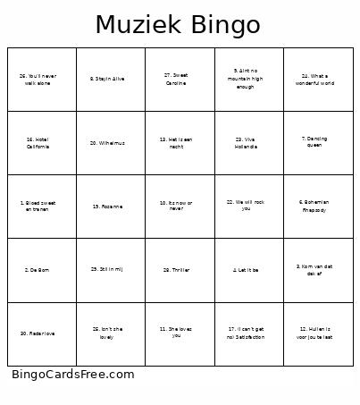 Muziek Bingo Card