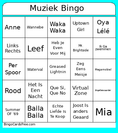 Muziek Bingo Card