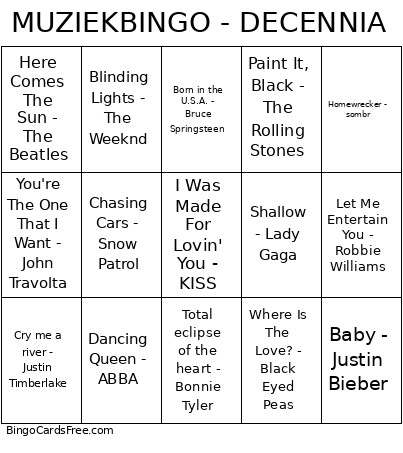 MUZIEK - DECENNIA Bingo Card